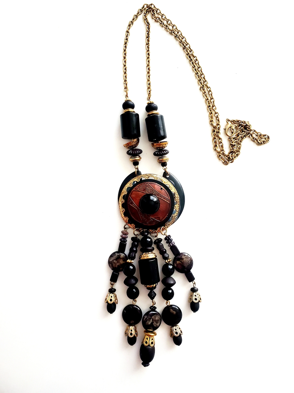 Gold Chain Long Pendant Necklace with Black and Brown Beads